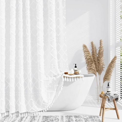 Dynamene White Boho Tufted Geometric Shower Curtain