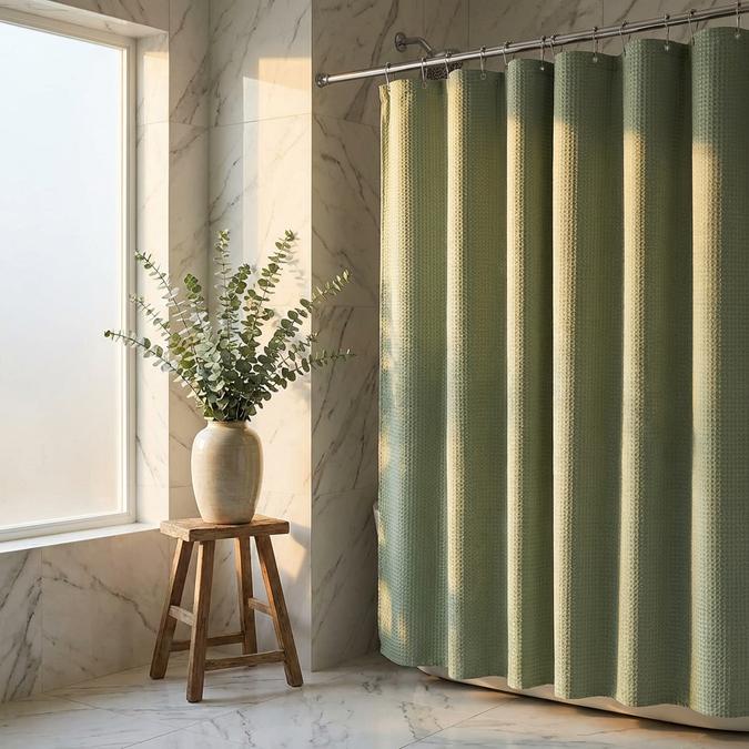 Sage Green Waffle Curtain in modern bathroom