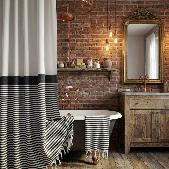Farmhouse Striped Curtain in rustic bathroom