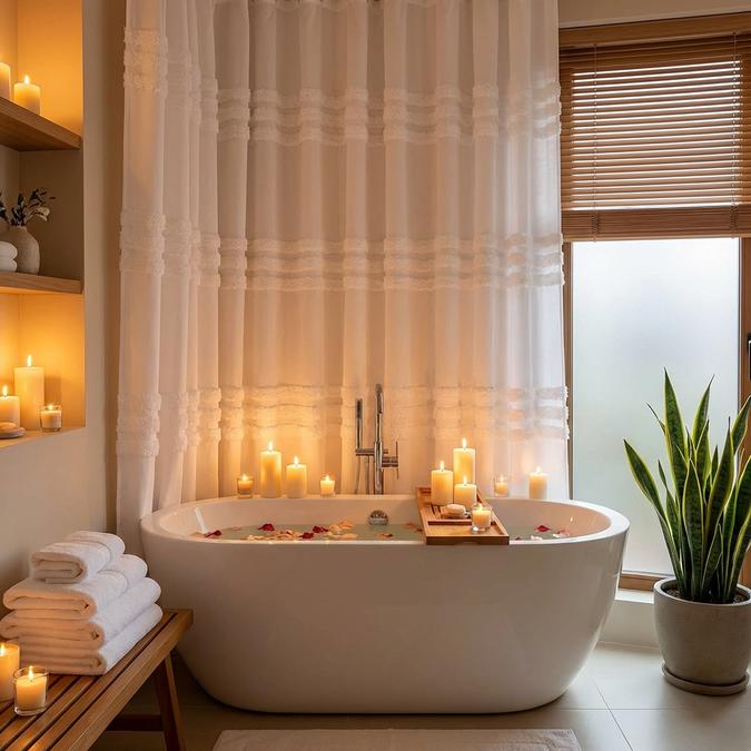 White Chenille Curtain in spa bathroom