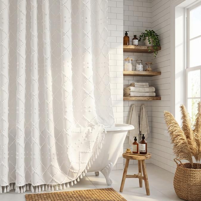 White Boho Geometric Curtain in farmhouse bathroom
